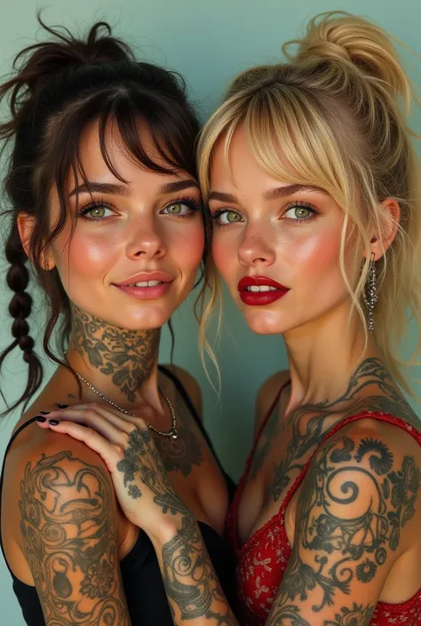 Portrait of an 2 girl smiling with afro,  American eyes large green fleshy mouth with red lipstick, earring , sweaty skin with imperfections,tattooed, hair with braids and blonde bangs, intricate details ( 8k super realistic) denim 