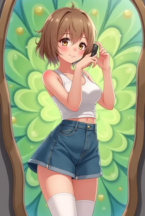 A girl, taking a photo with his mirror, stop, quite white skin, short stature, skinny, big breasts, chubby legs, light brown eyes, small breasts, blossomed green shell, blue mini jean, short white stockings, full body, little smile, short hair but a lot in...