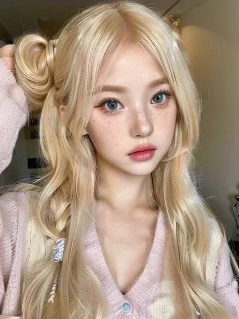 a close up of a woman with long blonde hair wearing a sweater and blue like eyes, belle delphine, ulzzang, blond hair with pigta...