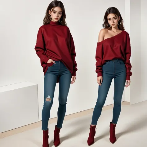 (masterpiece:1.2, The best quality), 1 dama, Alone, Upper body, big tits, Dark wash skinny jeans, oversized sweater, booties, loose waves, central part, simple hoop earrings, green park