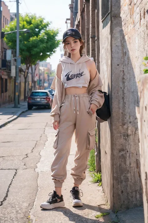 a beautiful young woman with an urban style leaning against a worn brick wall on a hot summer morning. she is dressed in an over...