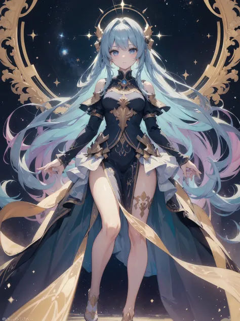 (((masterpiece, best quality, high detailed, 16k))) (1girl) An ethereal, all-powerful goddess with infinite beauty, her long, flowing hair shifting through every color of the universe, like a cosmic nebula. Her eyes are galaxies, swirling with the creation...