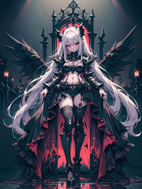 queen power armor , (gothic style), full body view , bellybutton, The most beautiful and sexy demon goddess, long white hair, glowing red eyes, wearing detailed black gothic battle armor, black angel wings, tattoos and piercings, gothic castle, perfect mas...