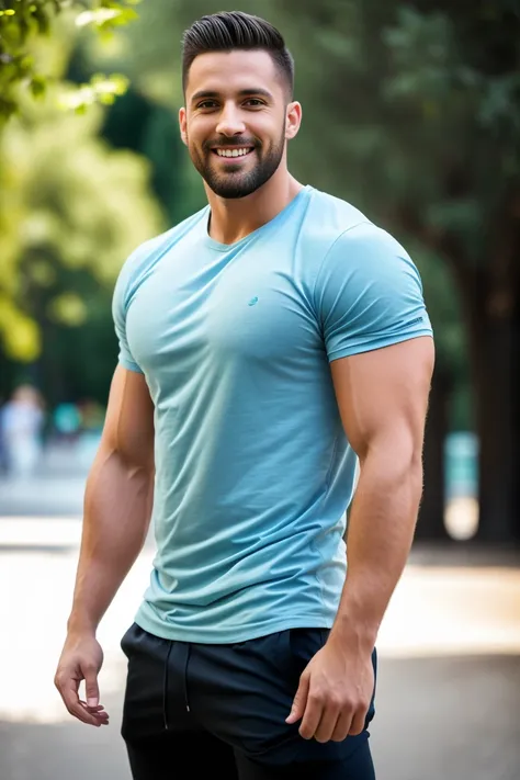 1man, Afull body  shot of a charismatic male fitness model, 30 years old，small beard, smiling expression，gloomy eyes，Blue eyes, captured posing in a Barcelona park, wearing a t-shirt and shorts, soft natural lighting, cinematic and moody, (best quality,4k,...