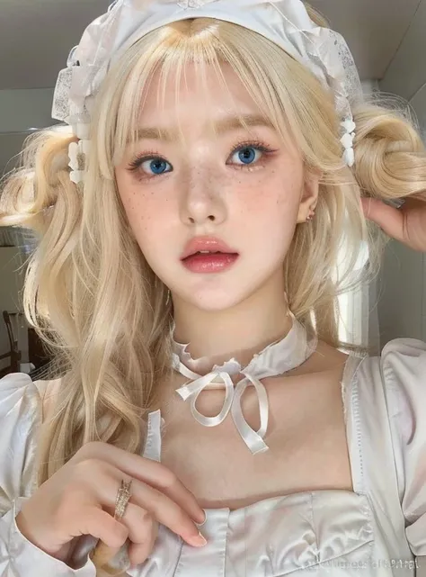 blond haired girl with blue eyes and a white dress and a blue hat, white bangs, white hime cut hairstyle, white cloud hair, ulzzang, pale porcelain white skin, pale milky white porcelain skin, white fox ears, white fringy hair, kawaii aesthetic, white curl...