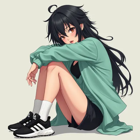  A sexy and sexualized anime girl with long black spiked hair wearing a greenish aquamarine short shirt and black short sweatshirt and black adidas shoes with white