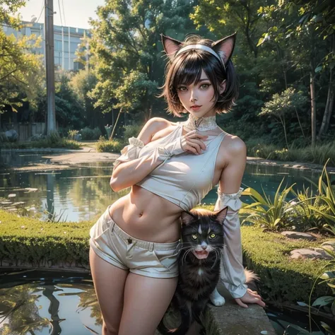  ((ultra realistic)), ((perfect image)), ((perfect face)), ((ultra detailed)), ((full body)), ((perfect body)),1 girl with cat ears and tail, short hair((shoulder length layered hair)), black hair with blonde highlights, sensual body, wearing a top and sho...