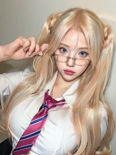 blond haired girl with glasses and a tie posing for a picture and blue like eyes, anime girl cosplay, anime girl in real life, b...