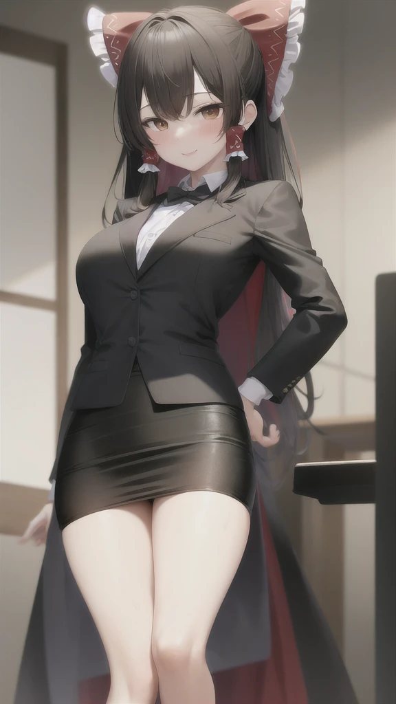 masterpiece, best quality, absurdres, cinematic lighting,Hakurei Reimu, 1girl, solo, blush, smile, indoors, office, pencil skirt, blouse, formal, black jacket, open jacket