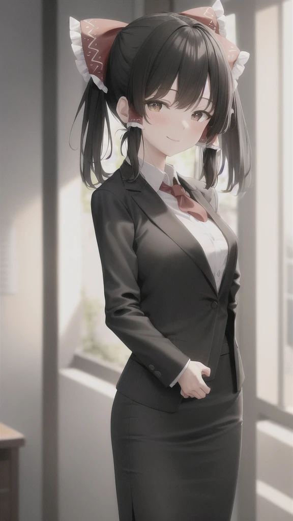 masterpiece, best quality, absurdres, cinematic lighting,Hakurei Reimu, 1girl, solo, blush, smile, indoors, office, pencil skirt, blouse, formal, black jacket, open jacket