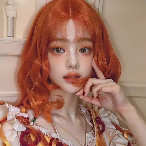 there is a woman with red hair and a white shirt and golden green eyes, ulzzang, orange hair, with curly red hair, bright orange...