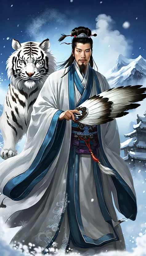 snow falling effect、digital illustration, ancient chinese scholars, traditional costume, embroidered robe,  zhuge liang with the...