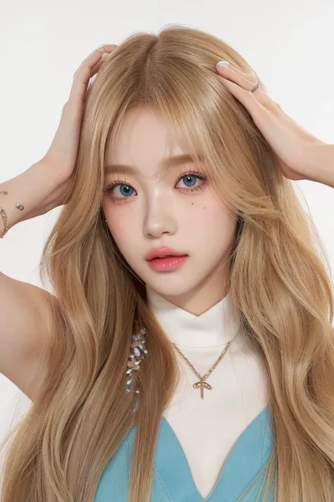 a woman with long blonde hair and a white top and green blue eyes, roseanne park of blackpink, portrait of jossi of blackpink, l...