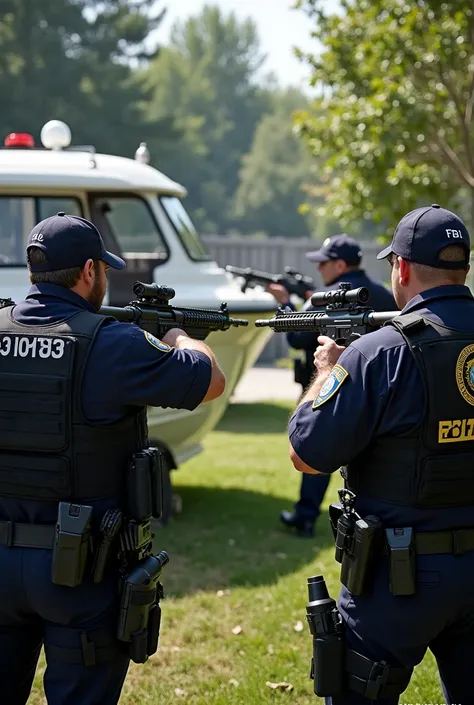 Police surrounded the boat in the backyard of a house, several armed police officers scattered around the scene, with SWAT teams, do FBI, snipers, all guns pointed at the boat 