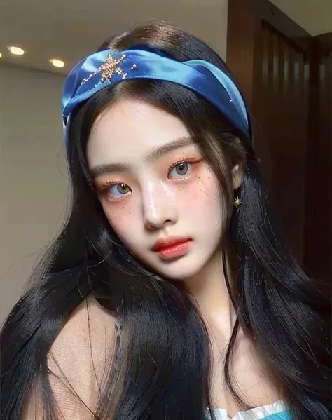 a close up of a woman with long black hair wearing a blue headband and golden green eyes, beautiful aesthetic face, beautiful asian girl, beautiful south korean woman, gorgeous young korean woman, korean girl, ulzzang, beautiful young korean woman, asian f...