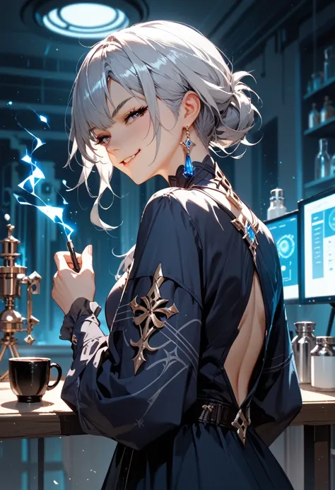 1girl,Alone, looking away, anime, from behind, smug ness, beautiful Hand, nsfw, silver Hair,  (Genshin Impact:0.8), (masterpiece, ultra_detailed), Ultimate_Quality, (Dark Laboratory), night, room, coffee, 