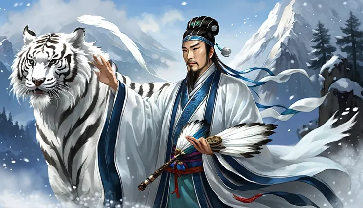 snow falling effect、digital illustration, ancient chinese scholars, traditional costume, embroidered robe,  zhuge liang with the...