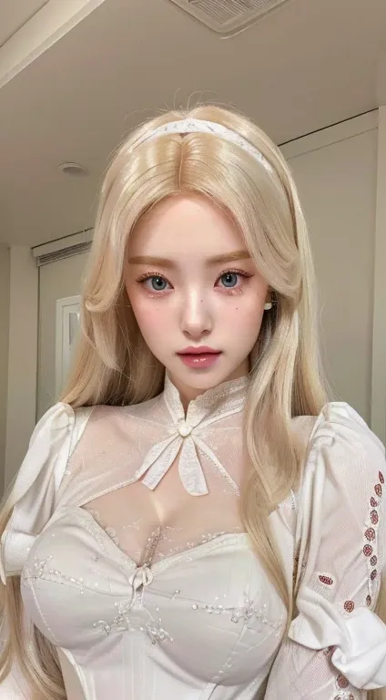 a close up of a doll with long blonde hair and a dress, ball jointed doll and pink eyes, pale milky white porcelain skin, porcelain white skin, pale porcelain white skin, anime barbie in white, artdoll, anime barbie doll, skydoll noa, porcelain white face,...