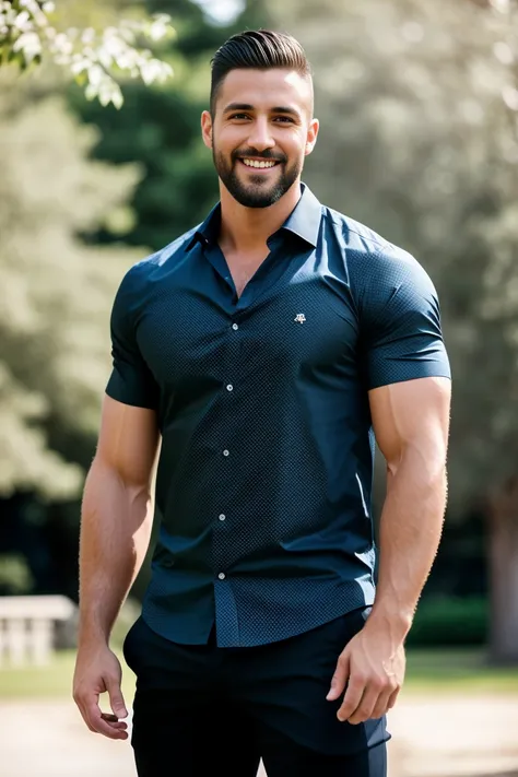 1man, afull body  shot of a charismatic male fitness model, 30 years old，small beard, smiling expression，gloomy eyes，blue eyes, ...