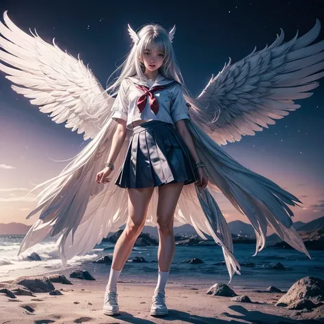 ((ultra realistic)), ((perfect image)), ((perfect face)), ((ultra detailed)), ((full body)), ((perfect body)), 1 girl, Angel Wings, school uniform, 2 pairs of wings on the back, big wings, silver hair, eyes see, Seifuku