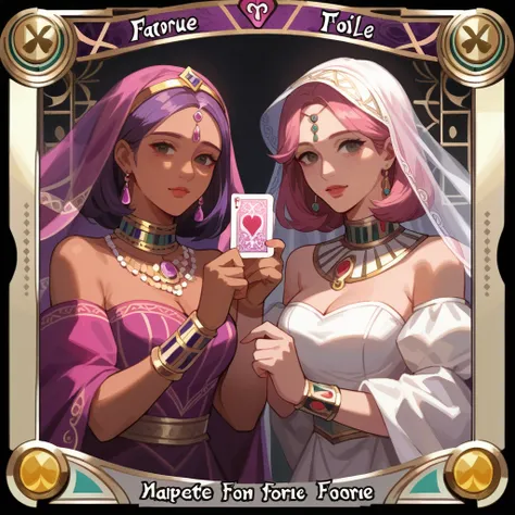 Fortune teller reading Tarot card, two womans, tanned skin woman, expressive black eyes, transparent magenta veil, arm and leg jewelry, Fortune teller room background, detail richness, masterpiece, best quality 