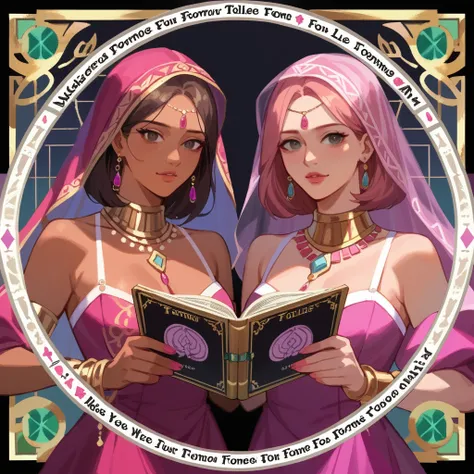 Fortune teller reading Tarot card, two womans, tanned skin woman, expressive black eyes, transparent magenta veil, arm and leg jewelry, Fortune teller room background, detail richness, masterpiece, best quality 