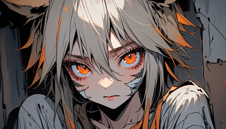 solo, female, coyote girl, canine ears, dressed in rags, grey fur with orange highlights, close up, orange eyes, small, weak, furred claws, small breasts, slight build, homeless