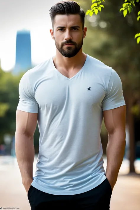 1man, a full body  shot of a charismatic male fitness model, 30 years old，small beard, upset expression，gloomy eyes，blue eyes, c...