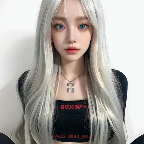 a close up of a doll with long blonde hair and a necklace and gren blue eyes, long white hair and bangs, perfect white haired gi...