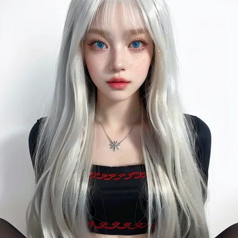 a close up of a doll with long blonde hair and a necklace and gren blue eyes, long white hair and bangs, perfect white haired gi...