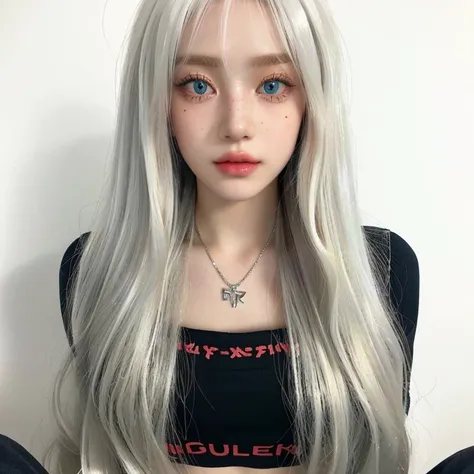 a close up of a doll with long blonde hair and a necklace and gren blue eyes, long white hair and bangs, perfect white haired gi...