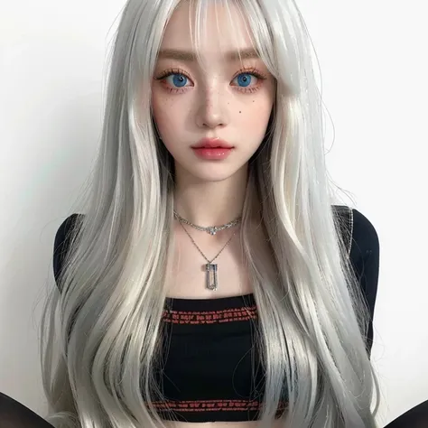 a close up of a doll with long blonde hair and a necklace and gren blue eyes, long white hair and bangs, perfect white haired gi...