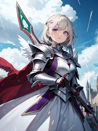 Silver Long Hair、Purple Eyes、Characterized by huge purple wings、A fallen angel in a white dress、A blonde with short hair who shoots a magical bow into the sky and rains down countless purple arrows from the heavens.、Red and green odd eyes、A female knight c...