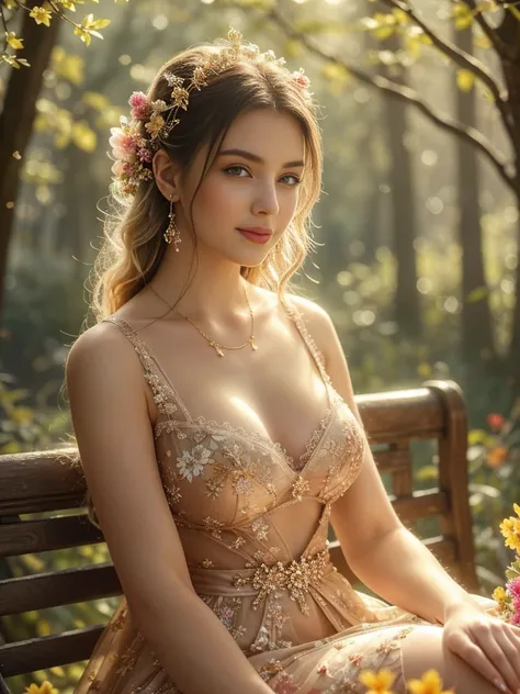 (Highest quality,4K,8k,High resolution,masterpiece:1.2),Very detailed,beautiful girl,Big Breasts,maturea beautiful girl in a garden, detailed face and eyes, long eyelashes, elegant dress, sitting on a bench surrounded by colorful flowers, sunlight filterin...