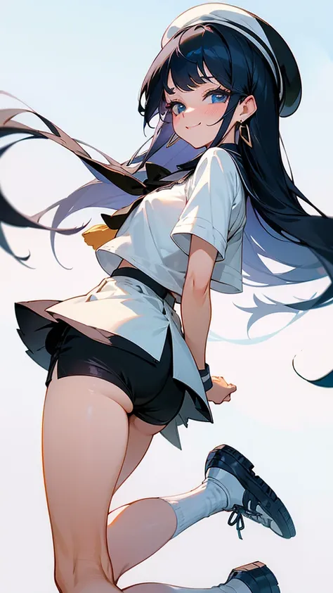 1 girl, blush, smile, fringe, black hair, beret, Earrings, blue eyes, long eyelashes, Excited, off-white strapless black top, booty shorts negros. White long stockings, black tennis shoes.