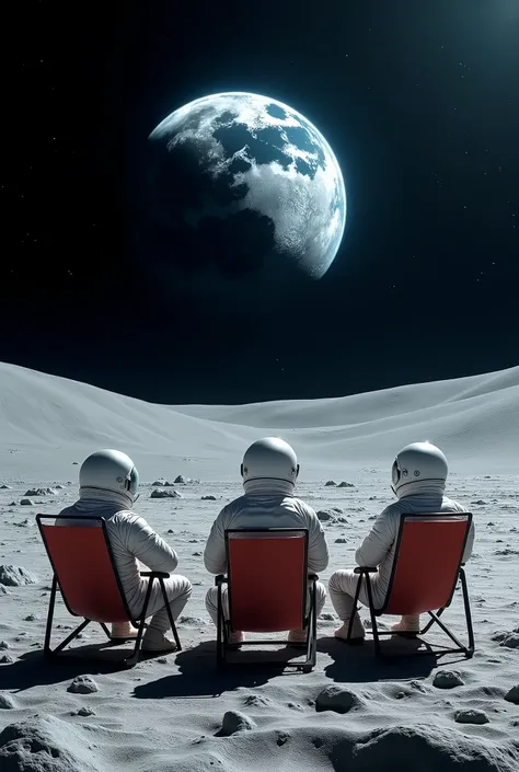 6 astronauts looking at planet earth sitting in beach chairs on the moon