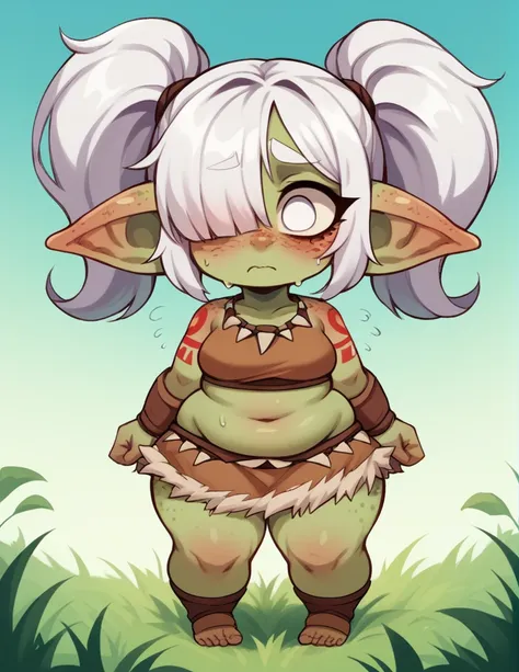 a goblin shortstack  girl ,stortstack,green skin,{{wearing a sheer short-sleeved top}},,（white  hair,double ponytails）tribal gra...