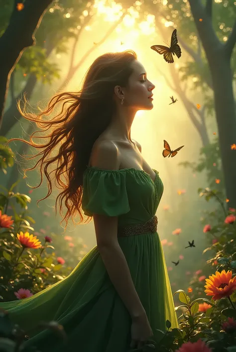 A beautiful woman, profile view, long loose hair, hair blowing in the wind, dawn in a lush forest, wind blowing through the trees, various colorful flowers, birds, butterflies and dragonflies flying around, serene expression, magical atmosphere, natural sc...