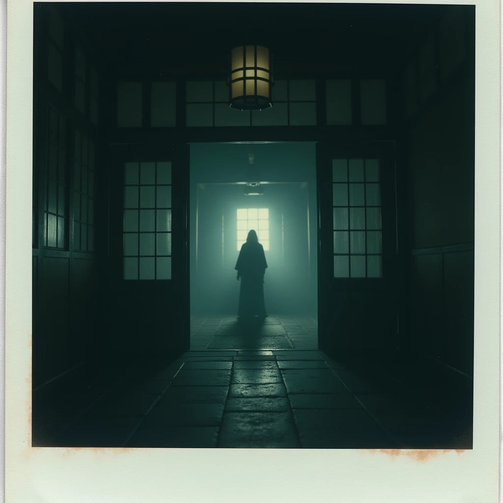 photograph of the interior of an old traditional japanese mansion plunged into darkness, there is a ghost in the picture, polaroid flash, at night, project zero style, horror style