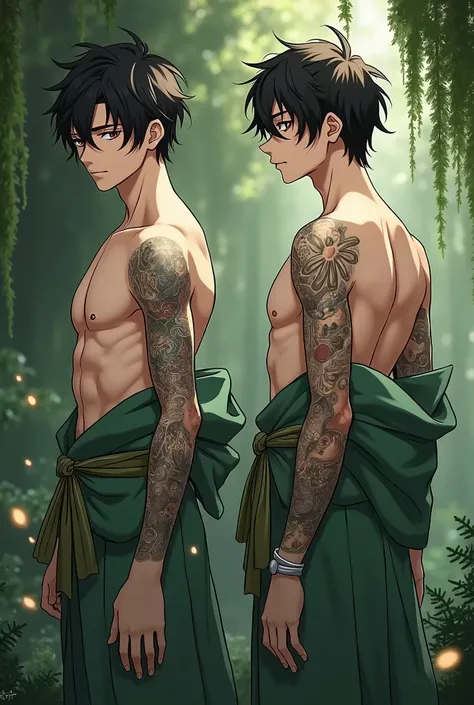 Let&#39;s create a male character in anime style with black hair and brown eyes., corpo Twink, naked, with a transparent kimono in a moss green tone and finally some tattoos on the right arm... I would like you to stand facing forward and backward.