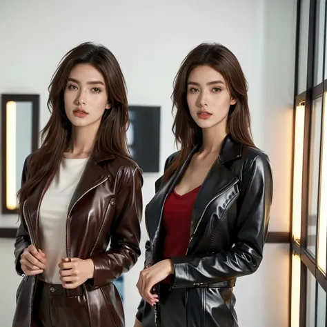 a beautiful woman in a black leather suit, standing in front of a vintage motorcycle, detailed facial features, beautiful brown hair, attractive and confident expression, protagonist in the foreground, anime visual style, mechanic theme, inspired by the ar...