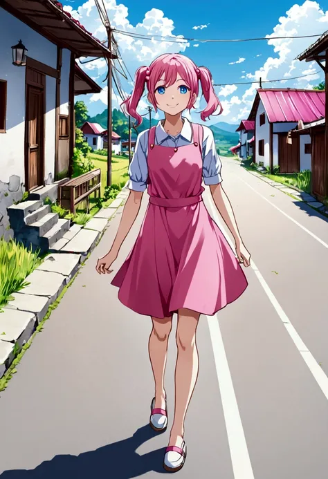 Short skinny girl pink hair pigtails blue eyes, pink bafom, walking happily down the street of the rural town, smiling girl, sunny day, walking on the street.