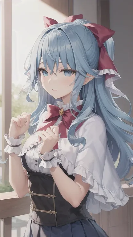 masterpiece, best quality, liselottecretia, long hair, wavy hair, blue eyes, blue hair, frills, bow, red bow, hair ribbon, capel...