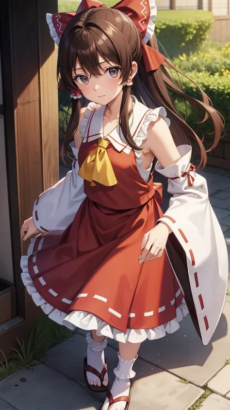 Reimu Hakurei, (brown eyes:1.5), brown hair, bow, hair bow, hair tubes, long hair, red bow, sidelocks,
BREAK ascot, bare shoulders,detached sleeves, embellished costume, frills, japanese clothes, nontraditional miko, red skirt, sandals, sarashi, skirt, soc...