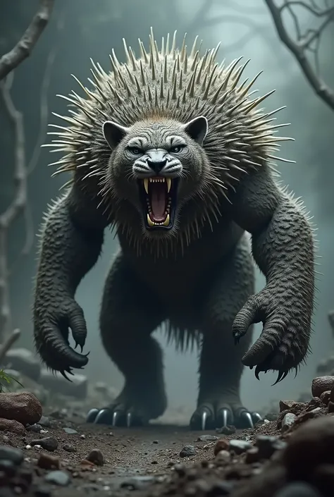 Create an image of a monstrous hybrid of a porcupine and a jaguar, the animal is big, muscular and scary, with large thorns and claws