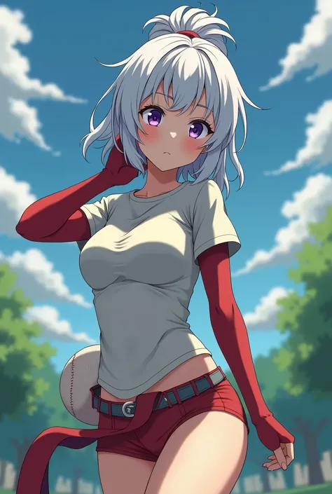 HD、Animation style、white hair 、Purple Eyes、girl、plump breasts 、High school student 、single ponytail、Baseball player、Light color short sleeve top、Long sleeve red underwear、Good shape、Thin、sash、Sky、cloud、sunny、Navel exposed、dazzler、Breasts exposed、ninja suit...