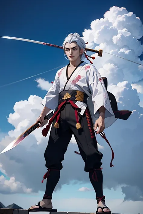 samurai man, Air Element, Cloud Pattern white  Haori, Holding a Katana, Full Body