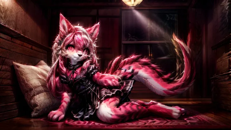 ((((full body)))), kid dragon neko girl wearing red and black and pink lolita dress, her skin is dark color dragon scales, she has long fluffy cat tails, she has point cat ears, beautiful cymophane eyes