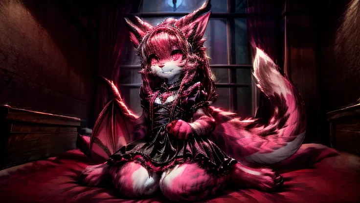 ((((full body)))), kid dragon neko girl wearing red and black and pink lolita dress, her skin is dark color dragon scales, she has long fluffy cat tails, she has point cat ears, beautiful cymophane eyes