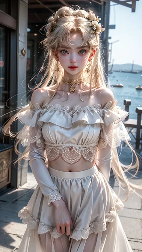 One beautiful girl、Cute、Round face、Big eyes、Droopy eyes、Fair-skinned beautiful girl。Her hair is a platinum gold bob.。The outfit is a white see-through lace top with a floral pattern.、The skirt is made of a lot of white see-through lace and has a small flor...